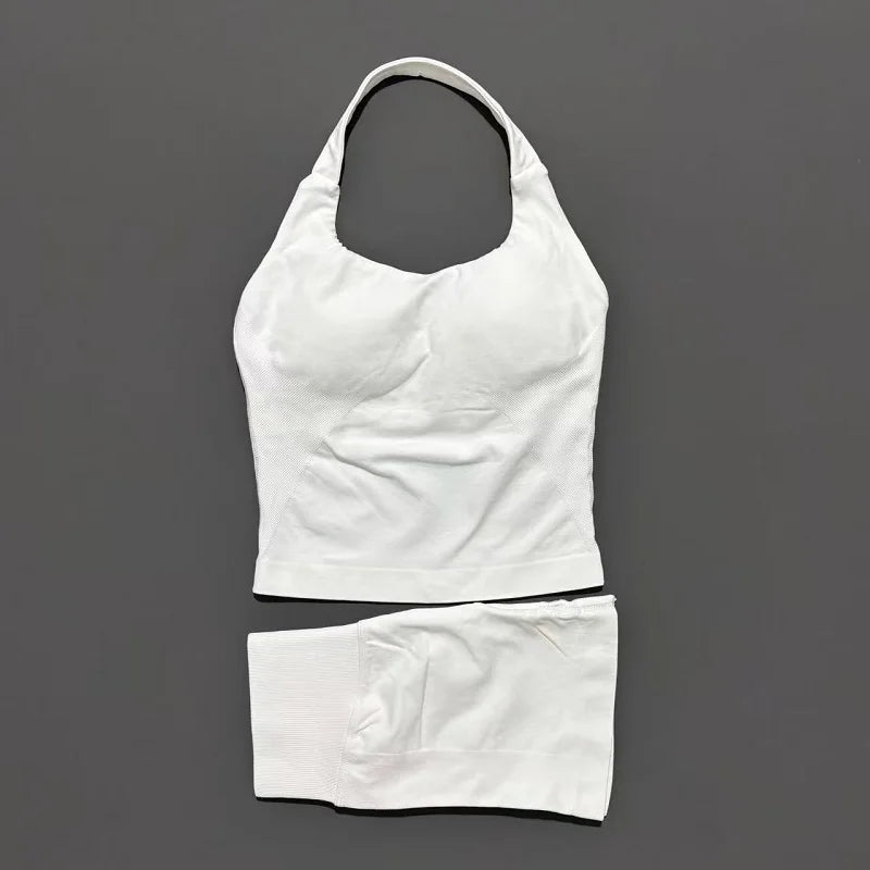 Histello Women Seamless Halter Sports Set With Strappy Crop Top