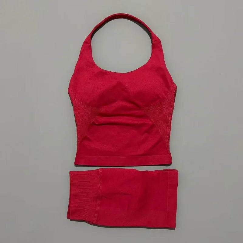 Histello Women Seamless Halter Sports Set With Strappy Crop Top