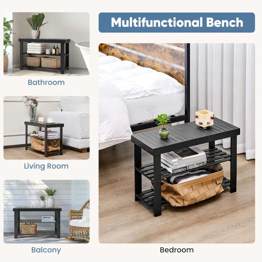 Shoe Rack Bench 3-Tier Bamboo Storage Organizer Black-1