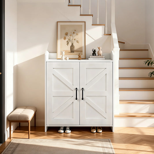 Farmhouse Shoe Cabinet with Doors, Modern Large 5-Tier Shoe Storage Cabinet with Adjustable Shelves, Wooden Shoe Organizer for Entryway, Hallway, Closet, Bedroom, Living Room