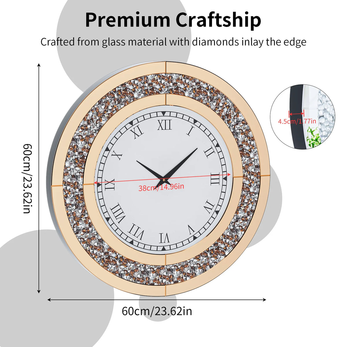 Crystal Diamond Design Mirrored Wall Clock Silent Operation