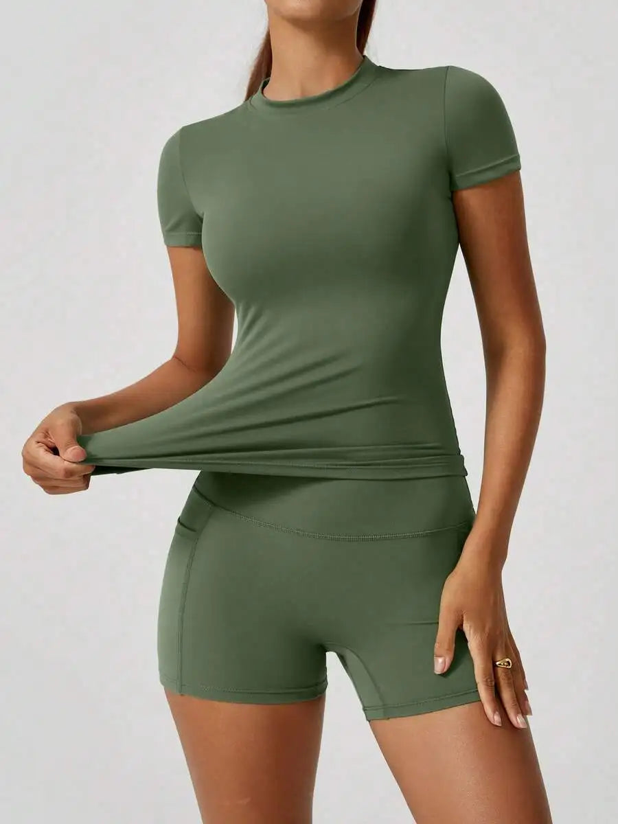 Seamless Women Short Sleeve High Waist Tummy Control Shorts Set
