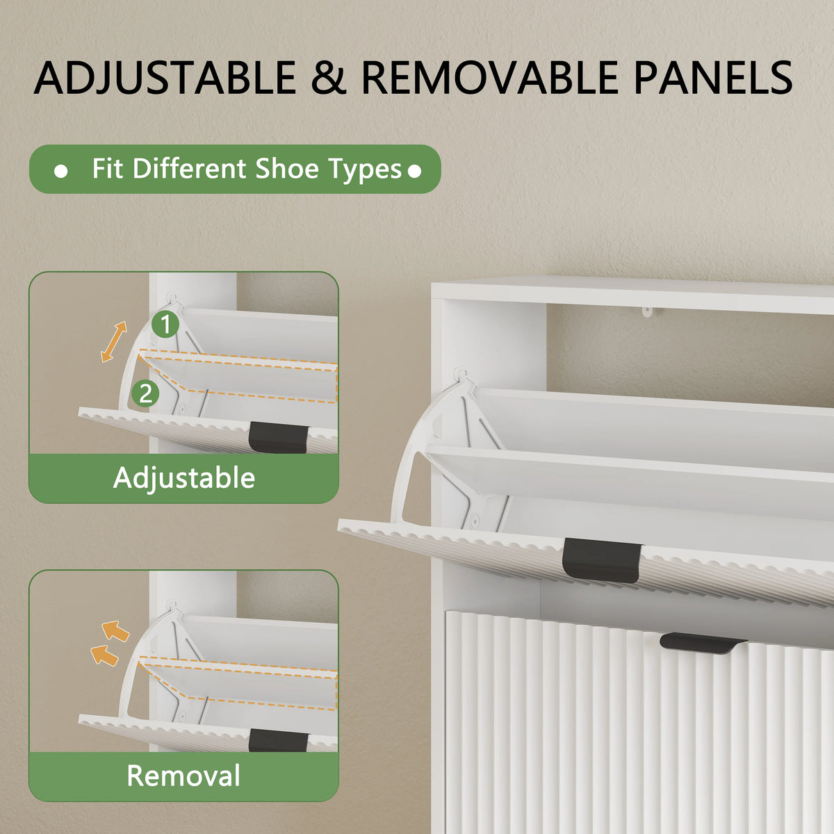 Shoe Cabinet with 2 Flip Drawers, 37" Tall Narrow Fluted Shoe Storage Organizer for Entryway, Hidden Slim Wooden Shoe Rack
