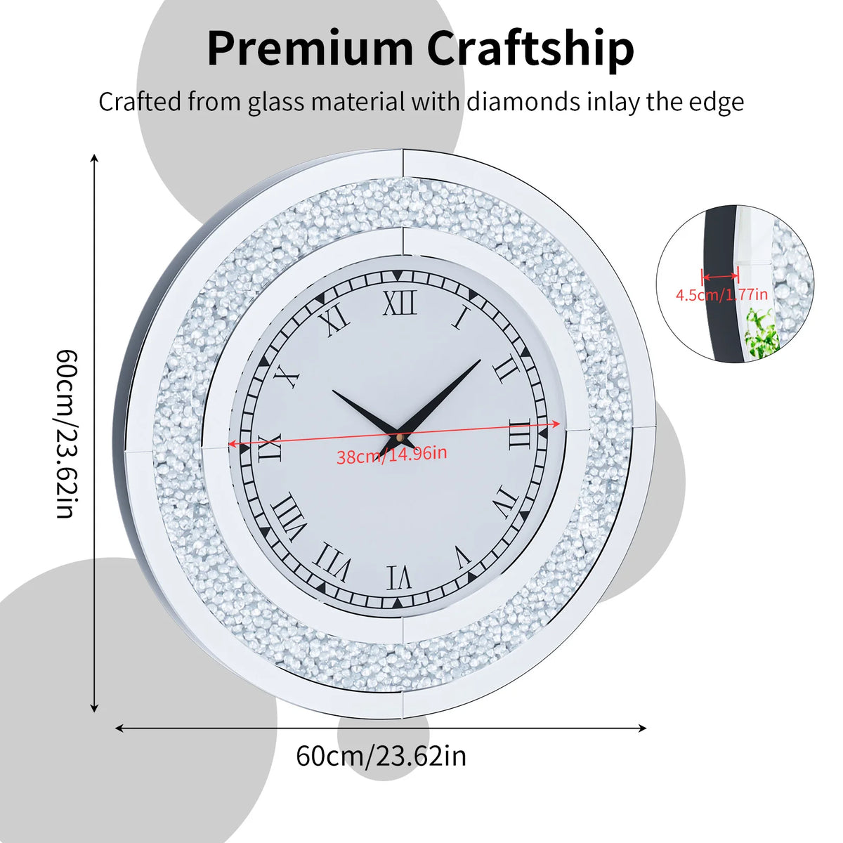 Crystal Diamond Design Mirrored Wall Clock Silent Operation