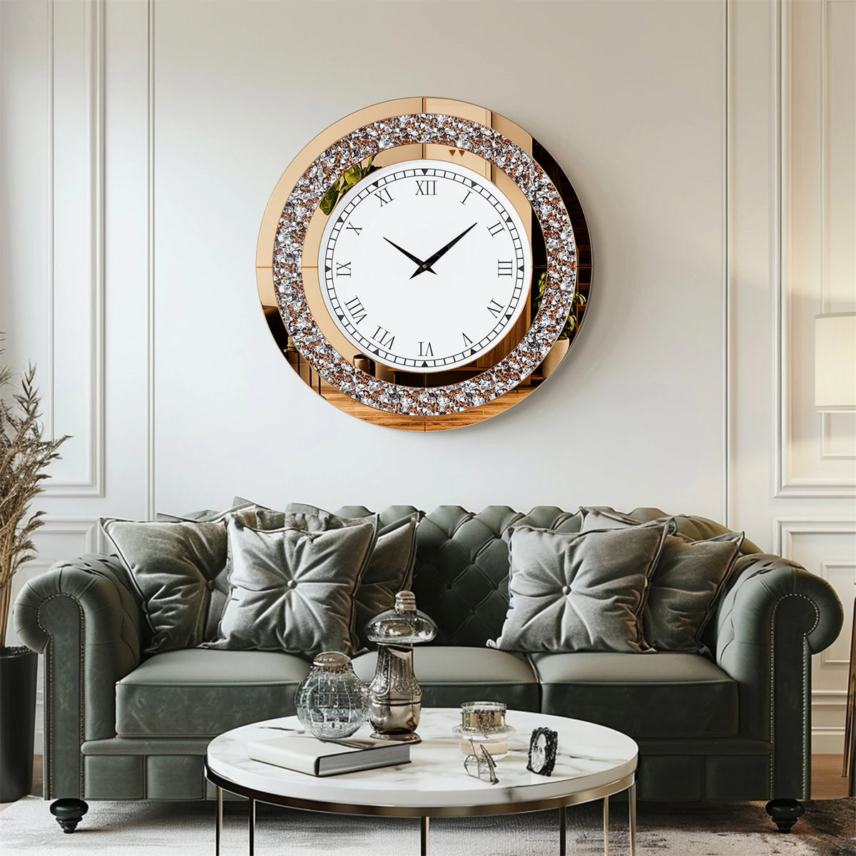 Crystal Diamond Design Mirrored Wall Clock Silent Operation