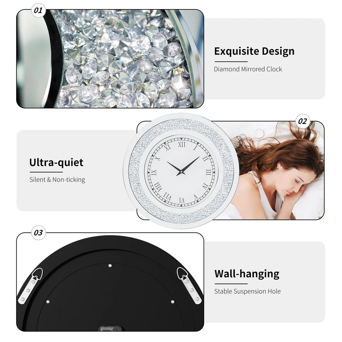 Crystal Diamond Design Mirrored Wall Clock Silent Operation