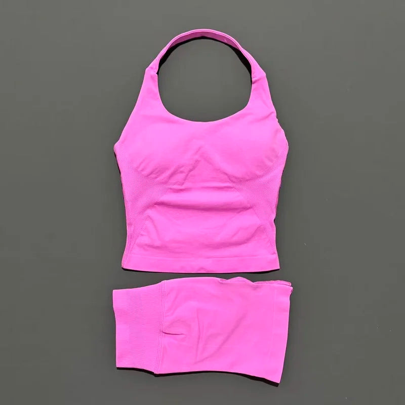 Histello Women Seamless Halter Sports Set With Strappy Crop Top