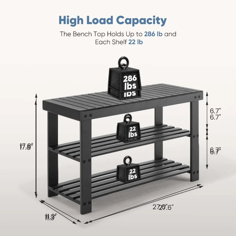 Shoe Rack Bench 3-Tier Bamboo Storage Organizer Black-1