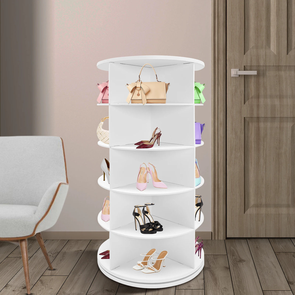  5 Tier Rotating Shoe Rack Tower 360° Rotating Organizer Spinning Shoe Display Lazy Susan for Bedroom Entryway Closet, Holds 20 Pairs of Shoes