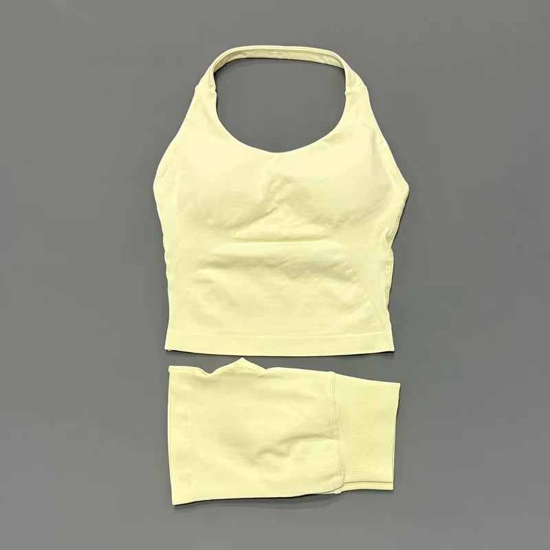 Histello Women Seamless Halter Sports Set With Strappy Crop Top