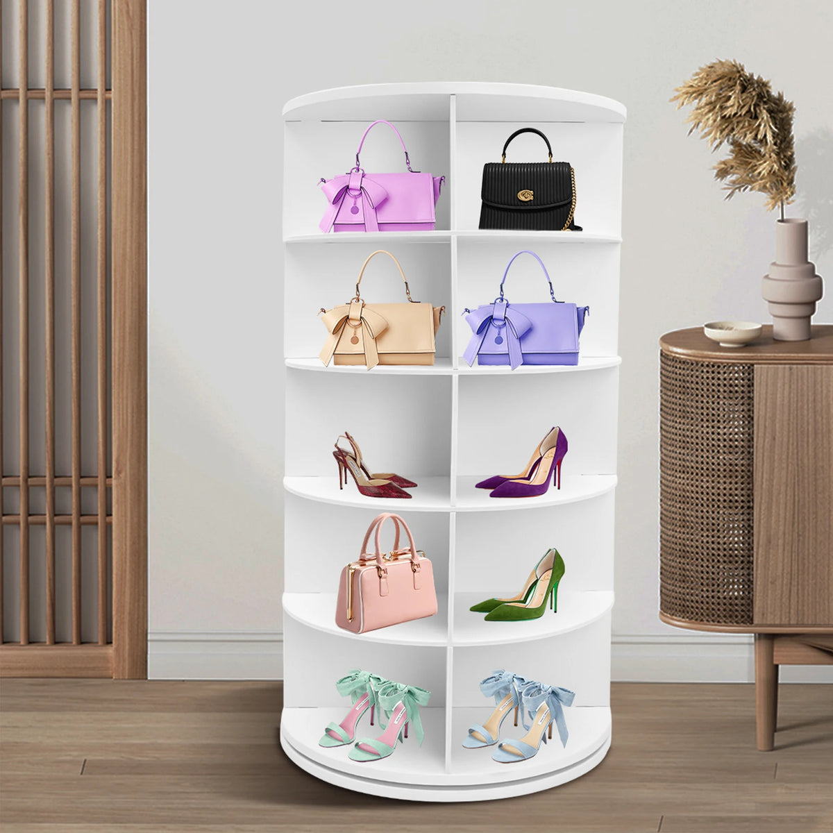  5 Tier Rotating Shoe Rack Tower 360° Rotating Organizer Spinning Shoe Display Lazy Susan for Bedroom Entryway Closet, Holds 20 Pairs of Shoes
