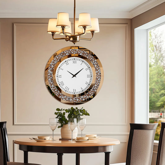 Crystal Diamond Design Mirrored Wall Clock Silent Operation