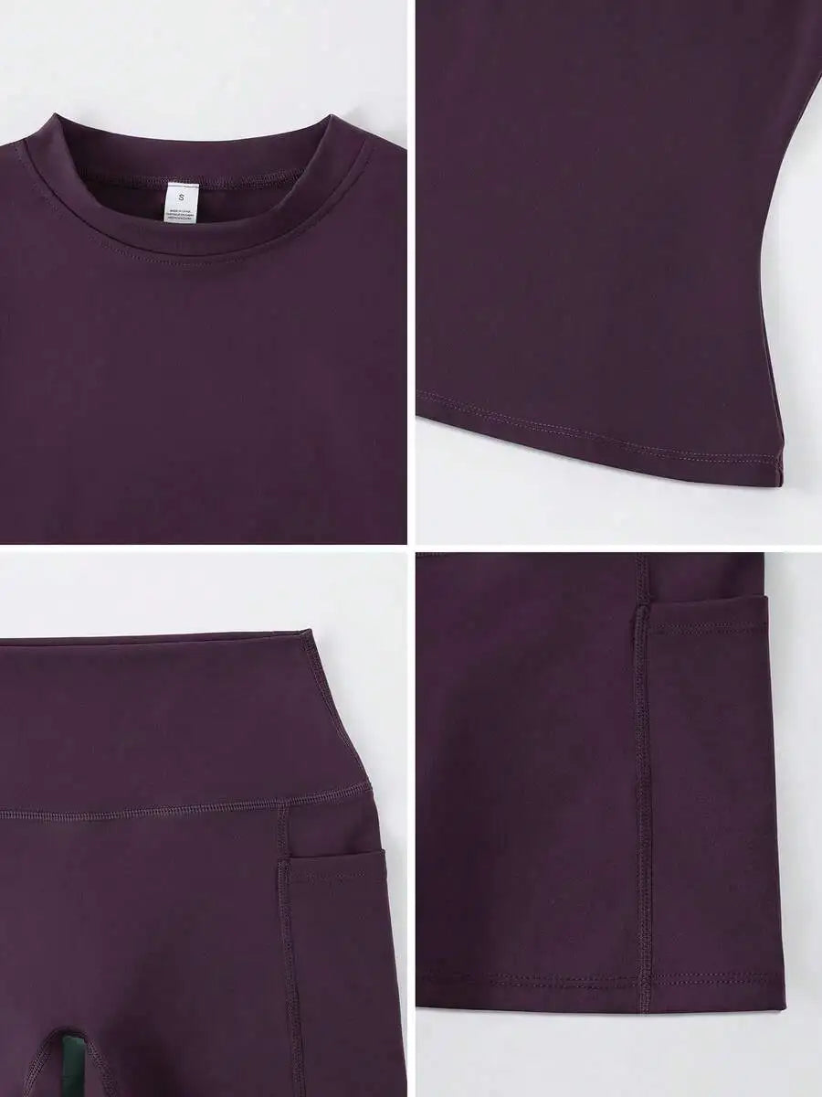 Seamless Women Short Sleeve High Waist Tummy Control Shorts Set