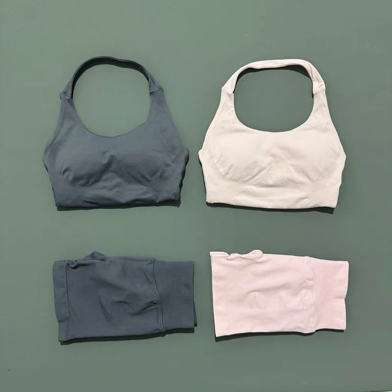 Histello Women Seamless Halter Sports Set With Strappy Crop Top