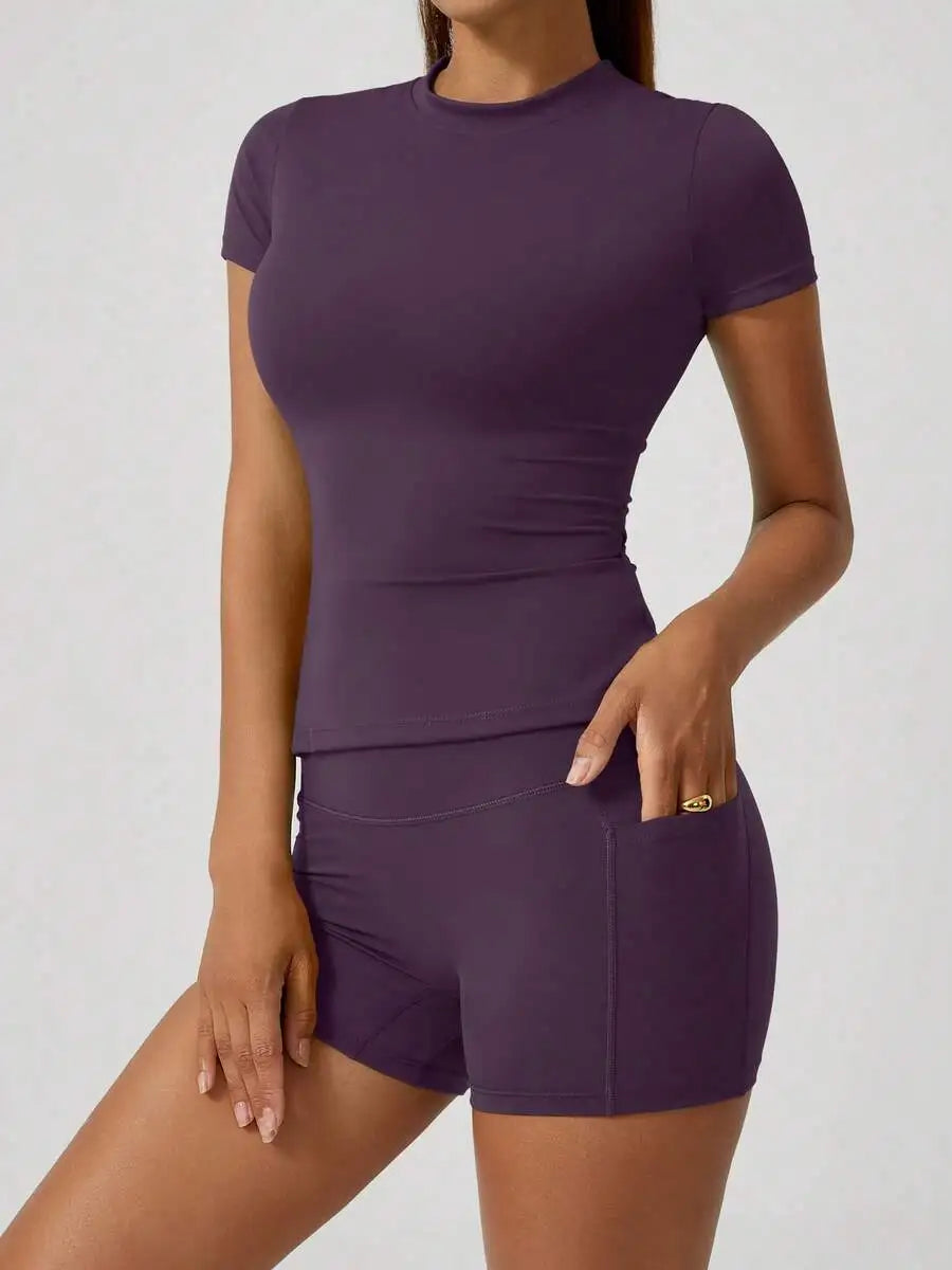 Seamless Women Short Sleeve High Waist Tummy Control Shorts Set