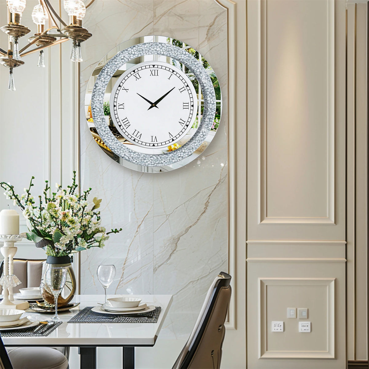 Crystal Diamond Design Mirrored Wall Clock Silent Operation