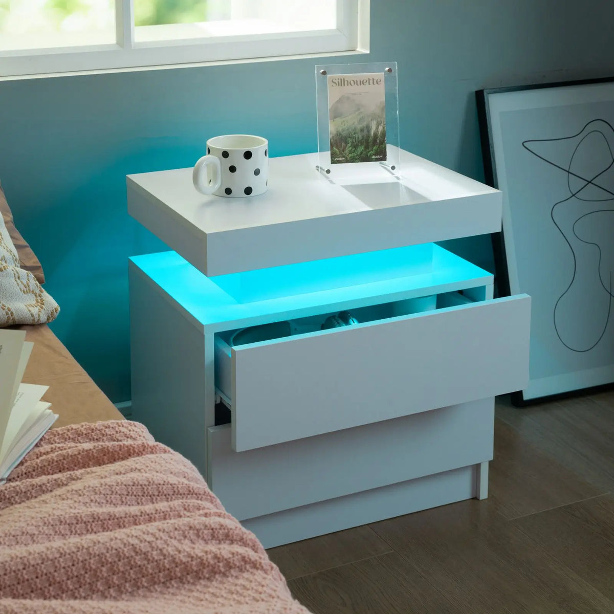 Cubehom Modern Led Nightstand Set With Dual Wooden Drawers