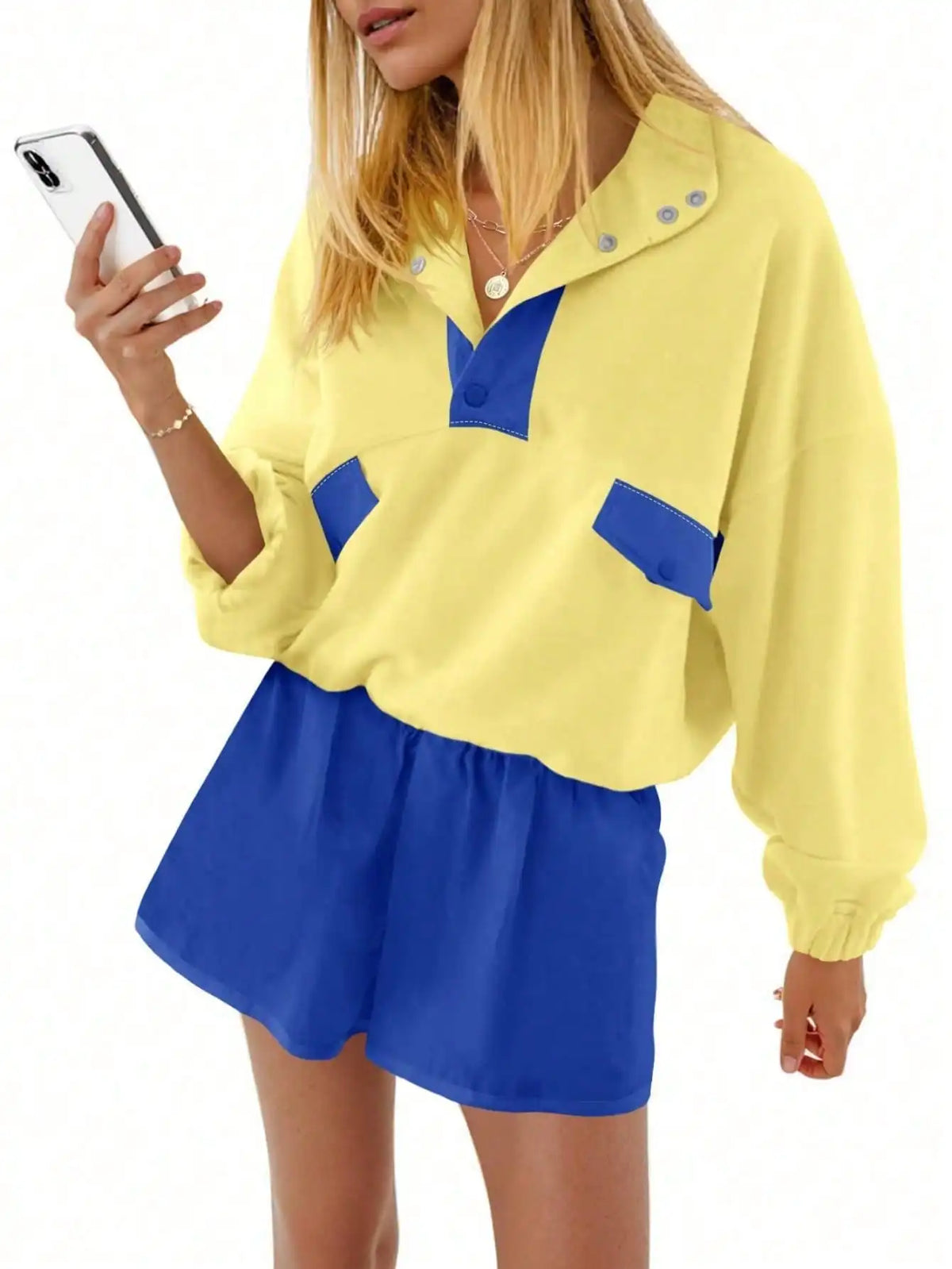 Fisoew Women Two Piece Lounge Set Sweatshirt Running Shorts