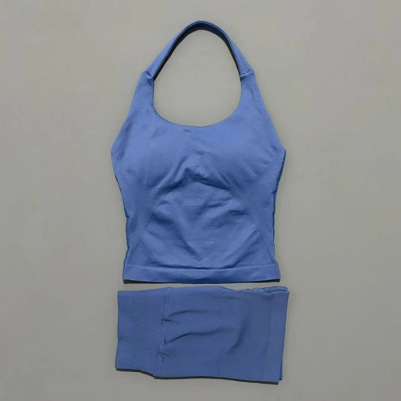 Histello Women Seamless Halter Sports Set With Strappy Crop Top