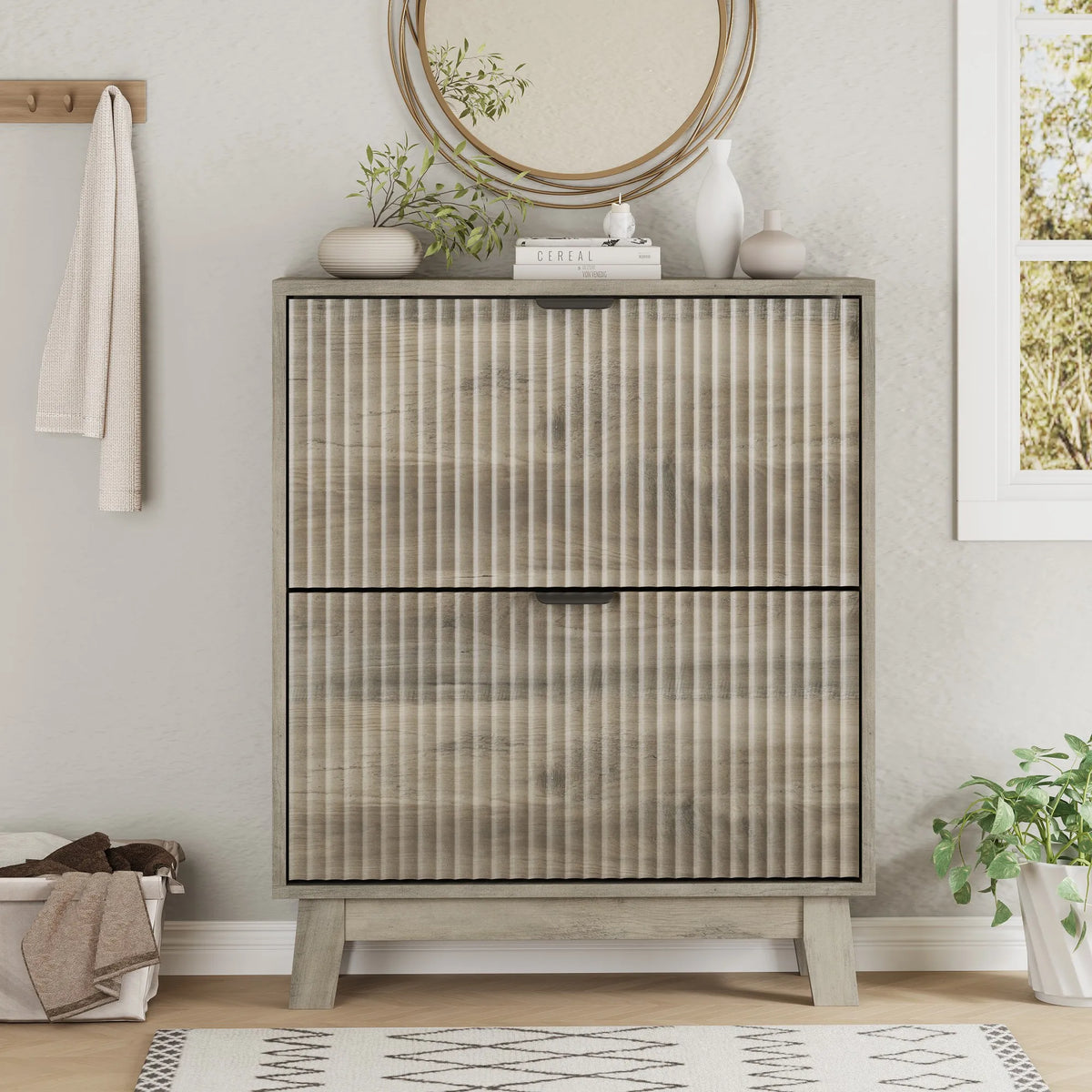 Shoe Cabinet with 2 Flip Drawers, 37" Tall Narrow Fluted Shoe Storage Organizer for Entryway, Hidden Slim Wooden Shoe Rack