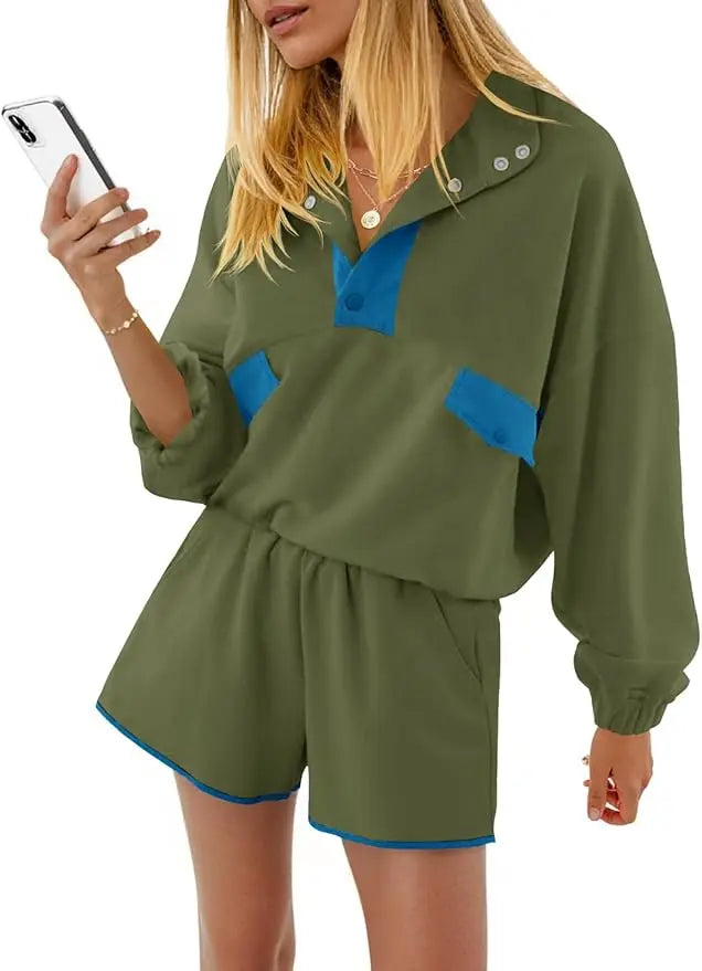 Fisoew Women Two Piece Lounge Set Sweatshirt Running Shorts