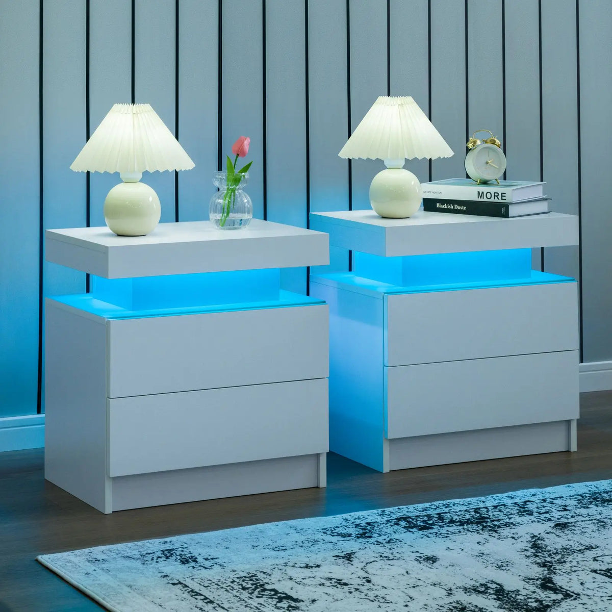 Cubehom Modern Led Nightstand Set With Dual Wooden Drawers