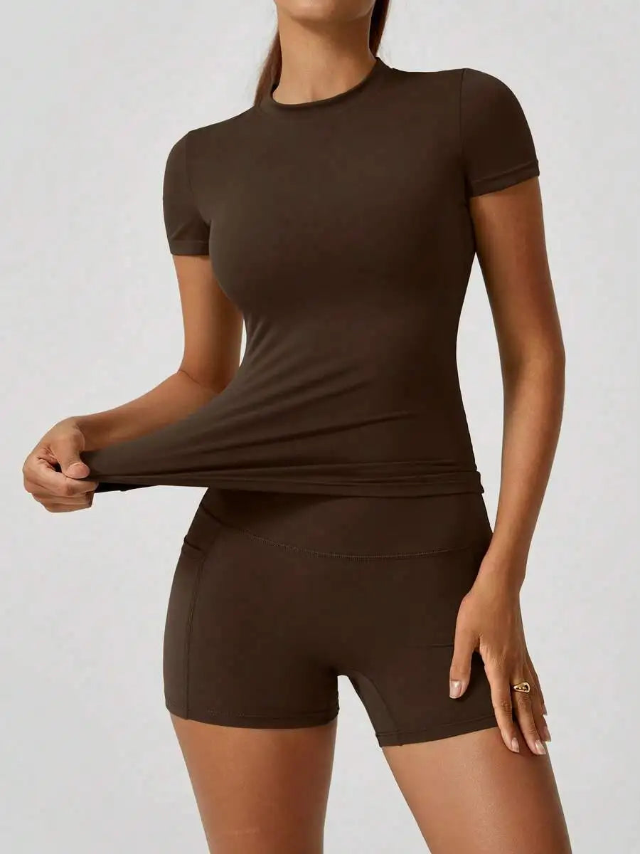 Seamless Women Short Sleeve High Waist Tummy Control Shorts Set