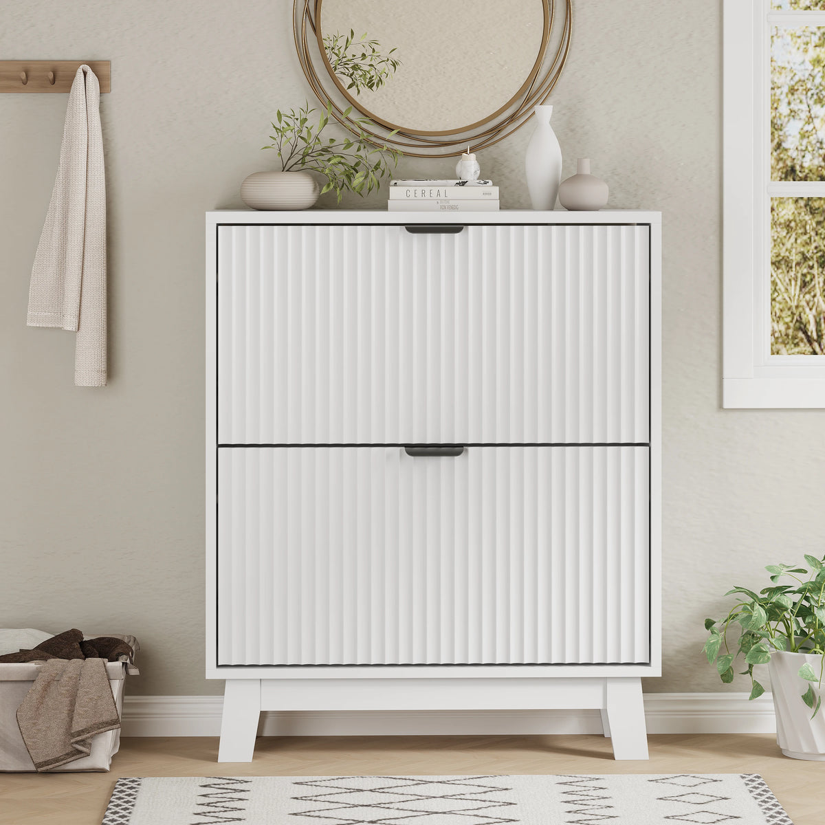 Shoe Cabinet with 2 Flip Drawers, 37" Tall Narrow Fluted Shoe Storage Organizer for Entryway, Hidden Slim Wooden Shoe Rack