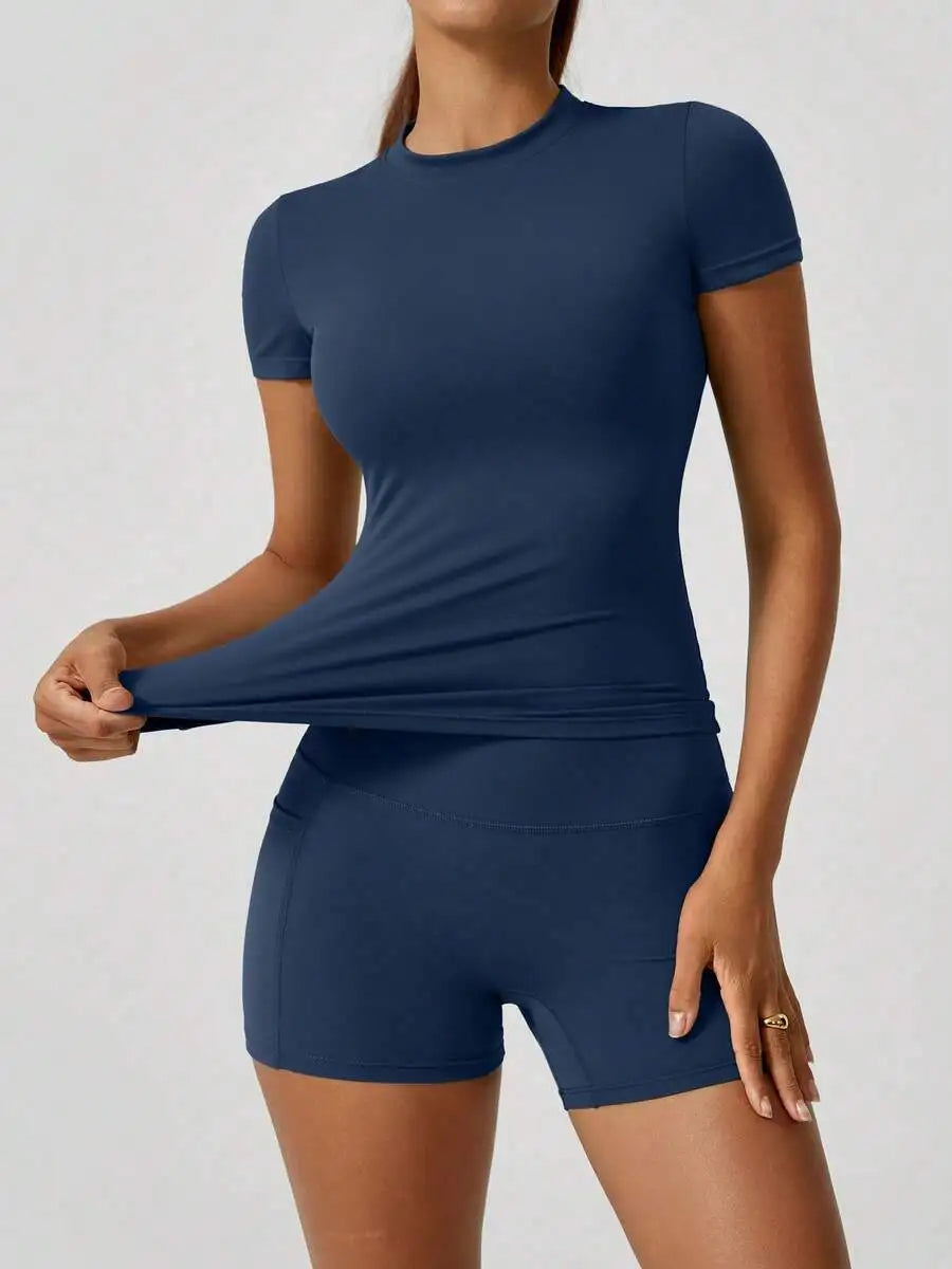 Seamless Women Short Sleeve High Waist Tummy Control Shorts Set