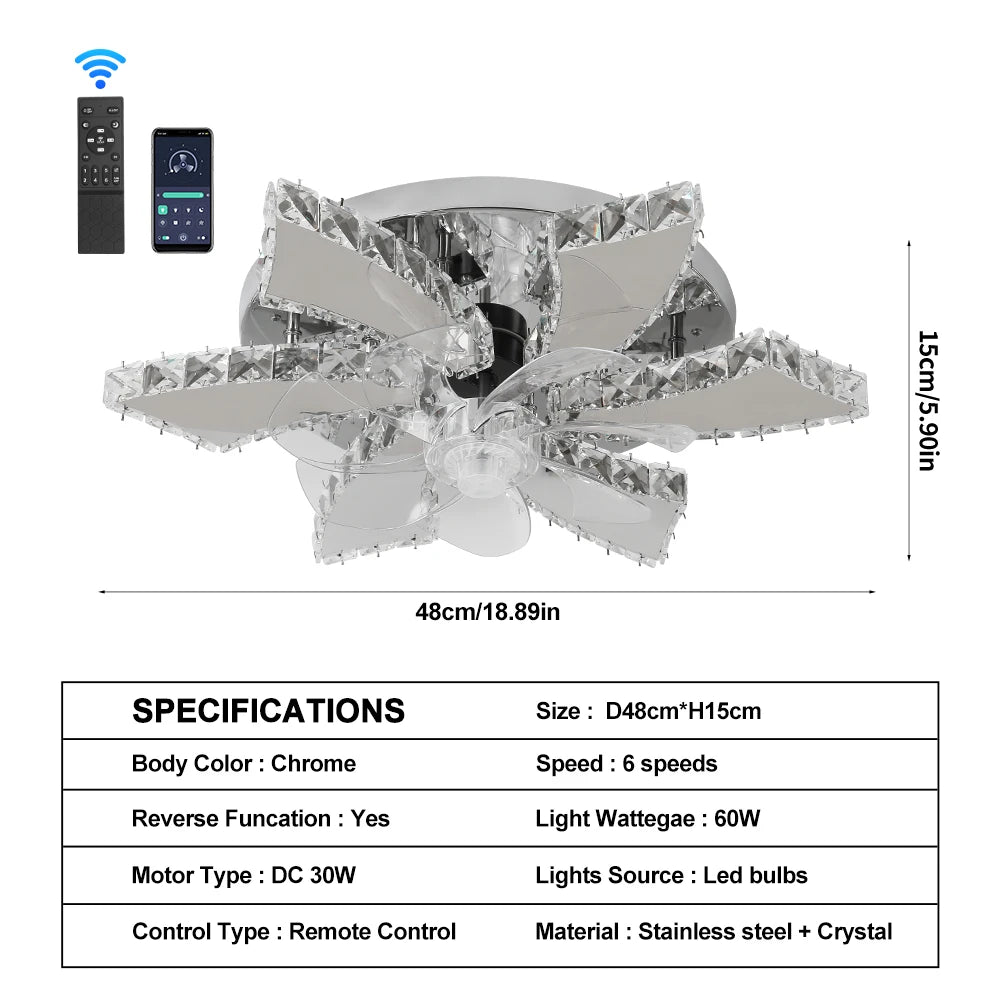 VETRULUS Luxury Crystal Ceiling Fan With Smart App Remote