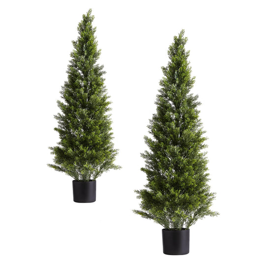 SucceBuy Artificial Topiary Cedar Trees 36/48in 2 Set Faux Pine Shrubs Plants Fake Silk Tree Easy Assembly for Decor Christmas