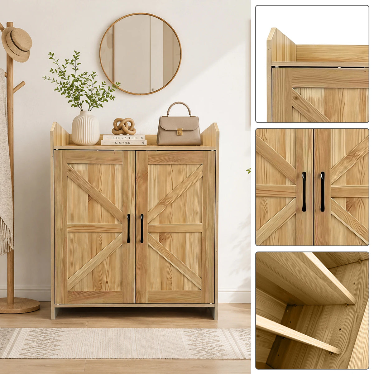 Farmhouse Shoe Cabinet with Doors, Modern Large 5-Tier Shoe Storage Cabinet with Adjustable Shelves, Wooden Shoe Organizer for Entryway, Hallway, Closet, Bedroom, Living Room
