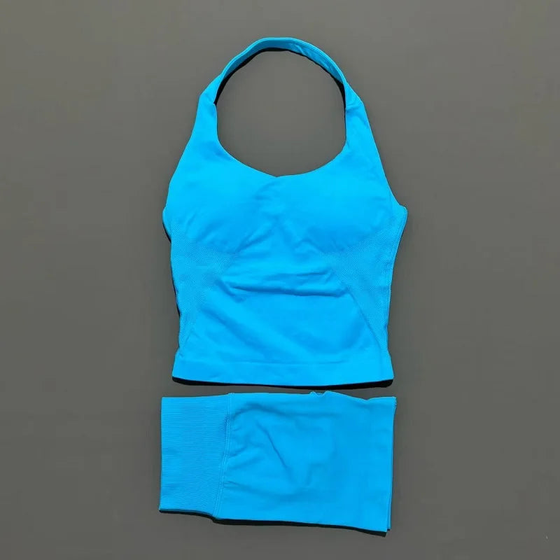 Histello Women Seamless Halter Sports Set With Strappy Crop Top