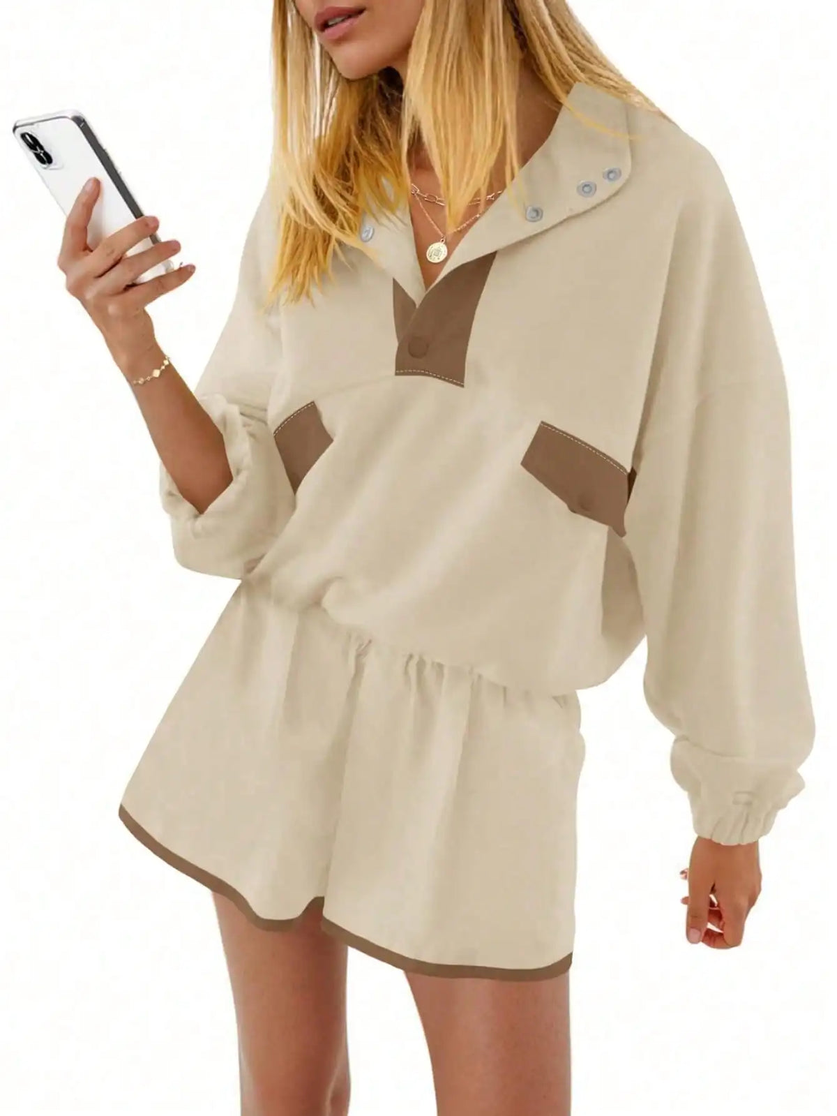 Fisoew Women Two Piece Lounge Set Sweatshirt Running Shorts