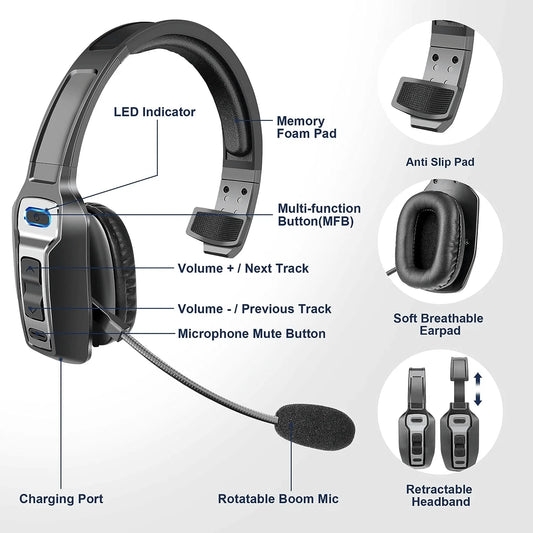 Trucker Bluetooth Wireless Headset With Noise Cancelling Mic For Phones PC