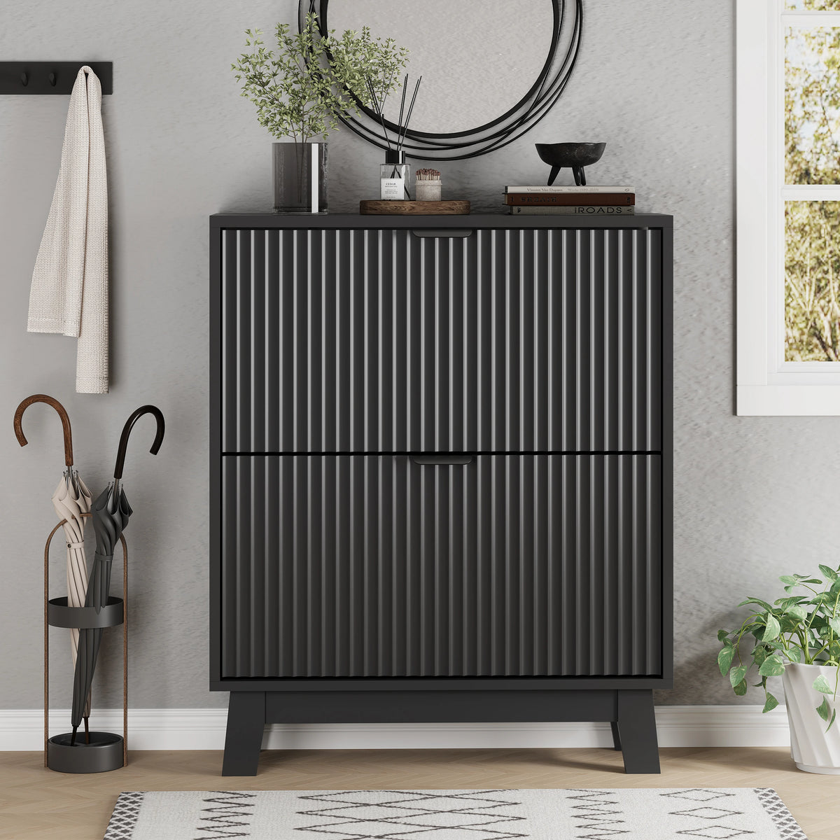 Shoe Cabinet with 2 Flip Drawers, 37" Tall Narrow Fluted Shoe Storage Organizer for Entryway, Hidden Slim Wooden Shoe Rack