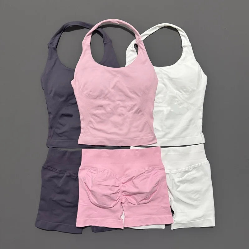 Histello Women Seamless Halter Sports Set With Strappy Crop Top