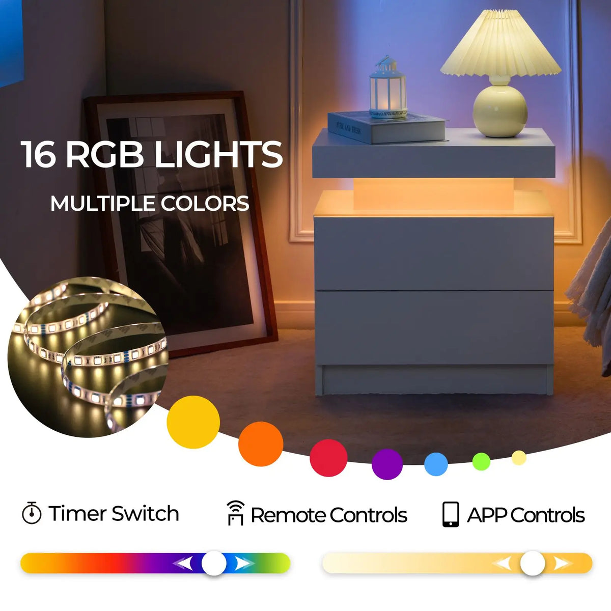 Cubehom Modern Led Nightstand Set With Dual Wooden Drawers