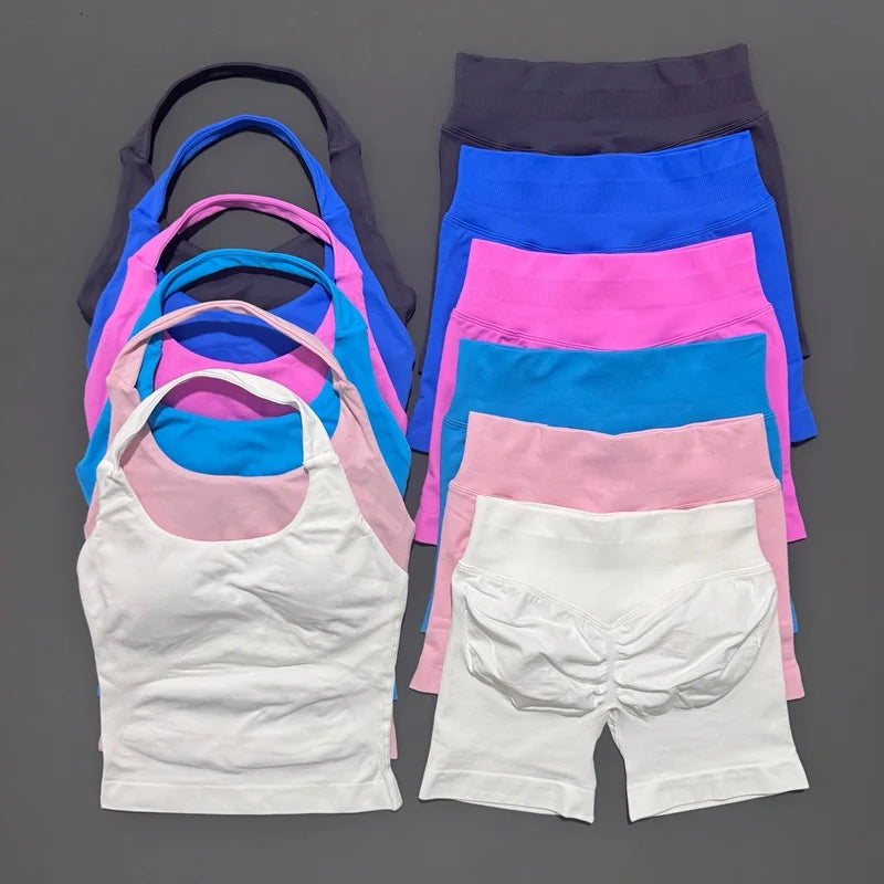 Histello Women Seamless Halter Sports Set With Strappy Crop Top