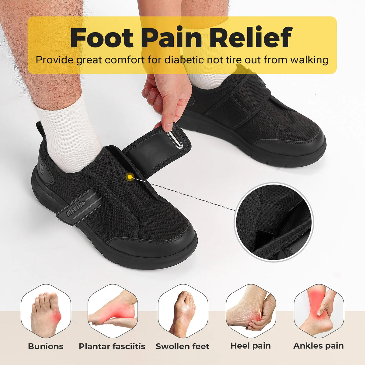 Fitville Men Diabetic Walking Shoes Extra Wide Hook Loop Neuropathy