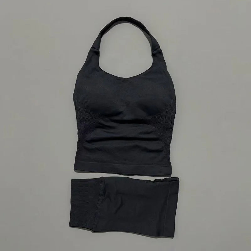 Histello Women Seamless Halter Sports Set With Strappy Crop Top