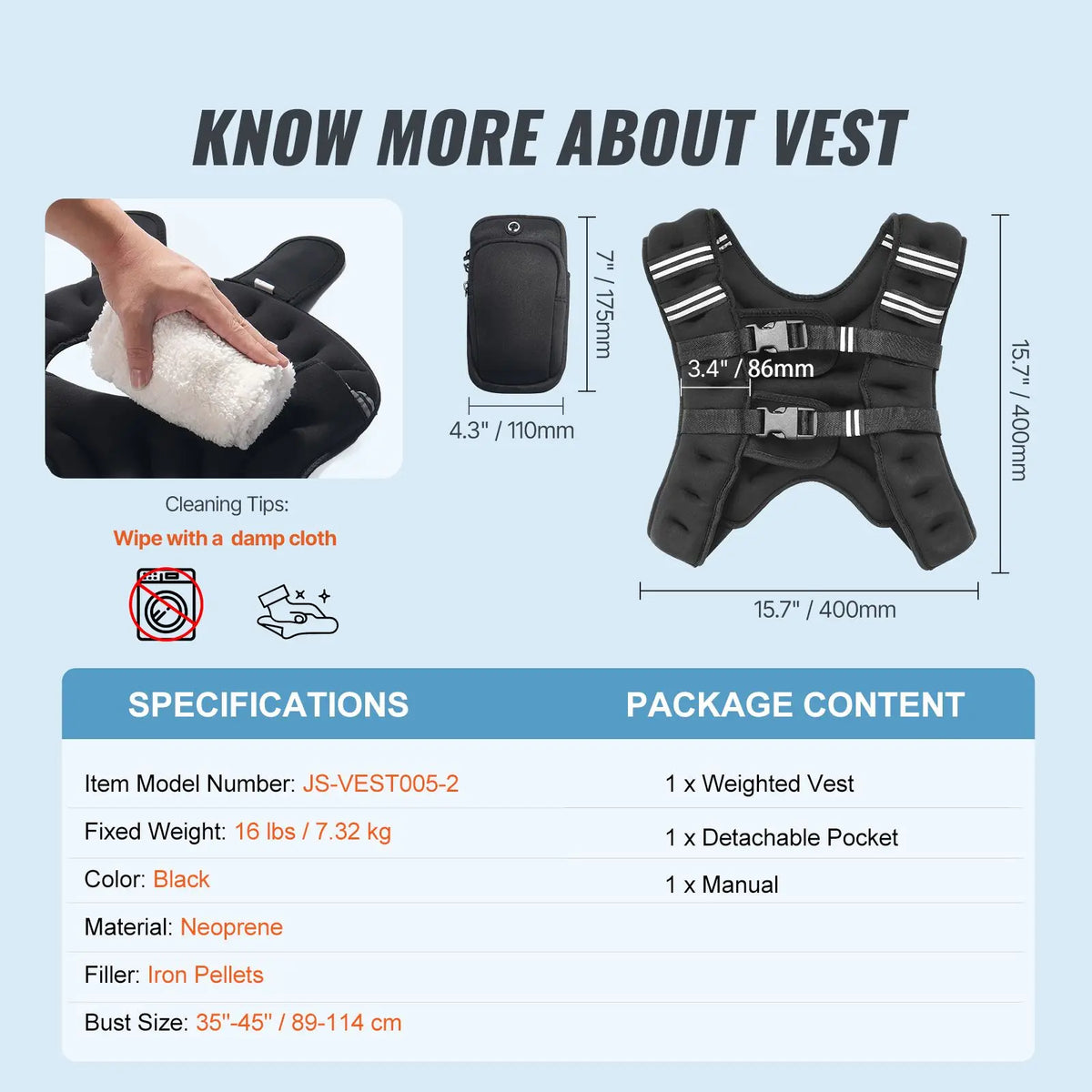 Weighted Vest, 16 lbs Weight Vest with Reflective Stripe, Adjustable Buckle Body Weight Vest for Men Women, Workout Equipment for Strength Training, Running, Jogging, Fitness, and Weight Loss
